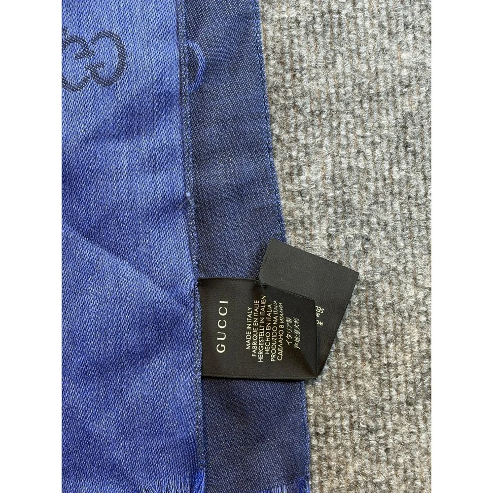 Gucci GG Monogram Scarf Blue Silk Blend Eyelash Fringe Made in Italy Luxury
